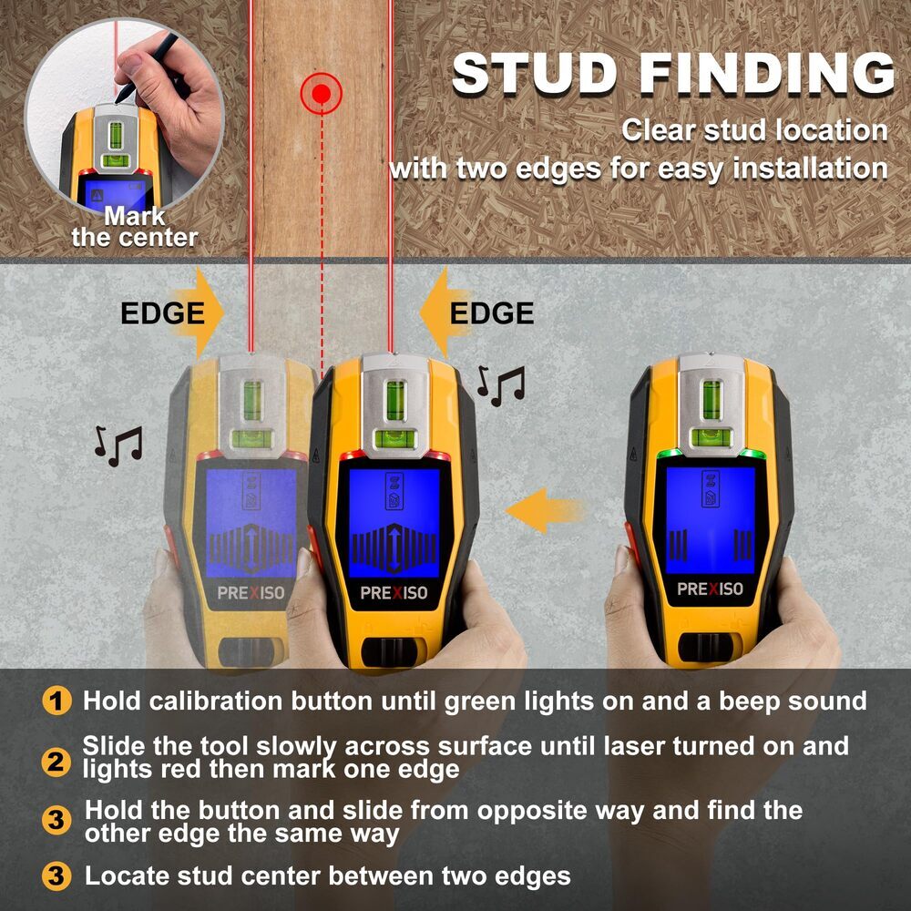 PREXISO 2-in-1 Stud Finders Rechargeable Multi Surface Cross Line Laser Scanners