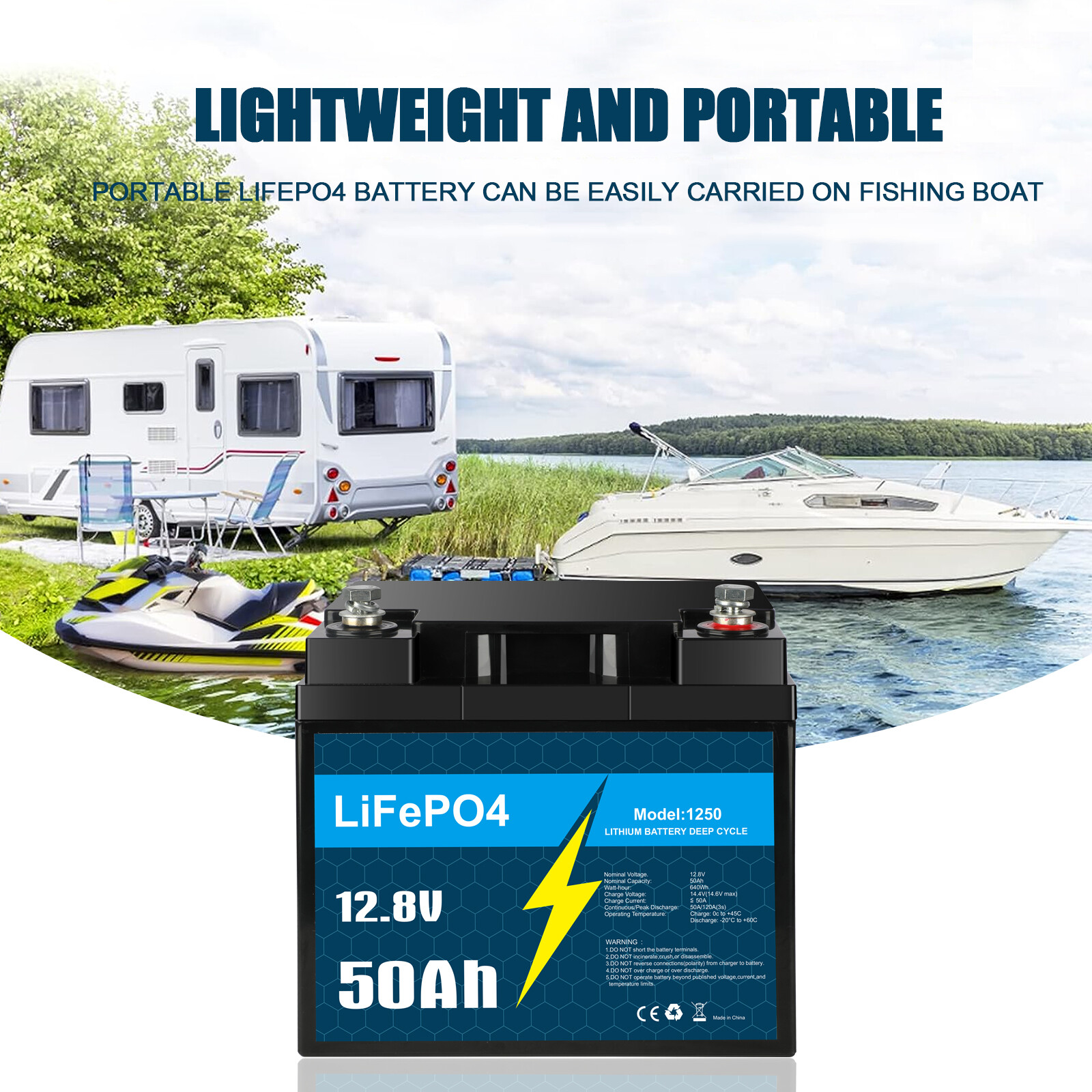 12V 50Ah LiFePO4 Lithium Battery with Charger, Smart BMS, for RV, Marine Lot