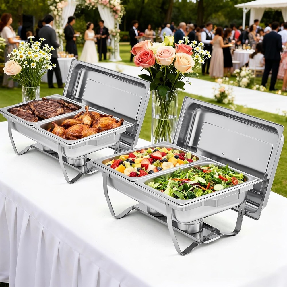 4-Pack Rectangular Chafing Dish, Dual Compartment Stainless Steel Buffet Warmer