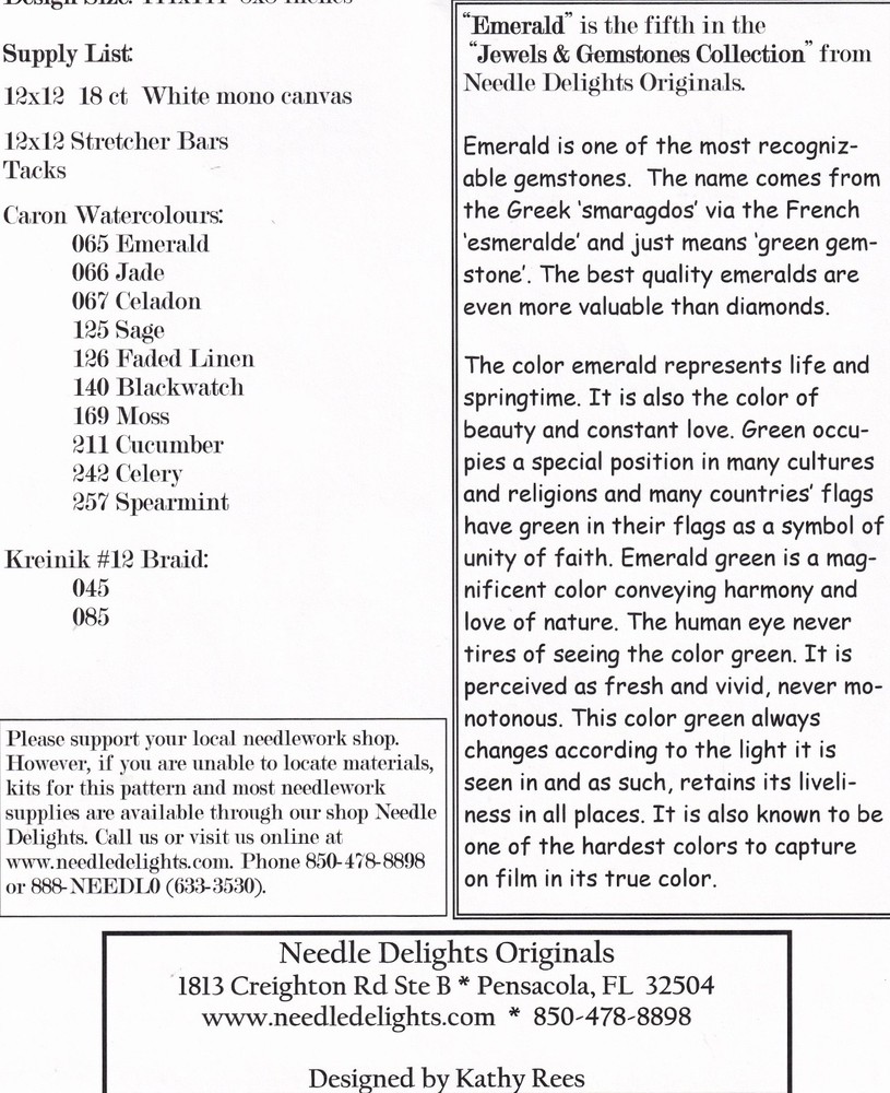 Emerald Needle Delight Originals Counted Needlepoint Pattern by Kathy Rees