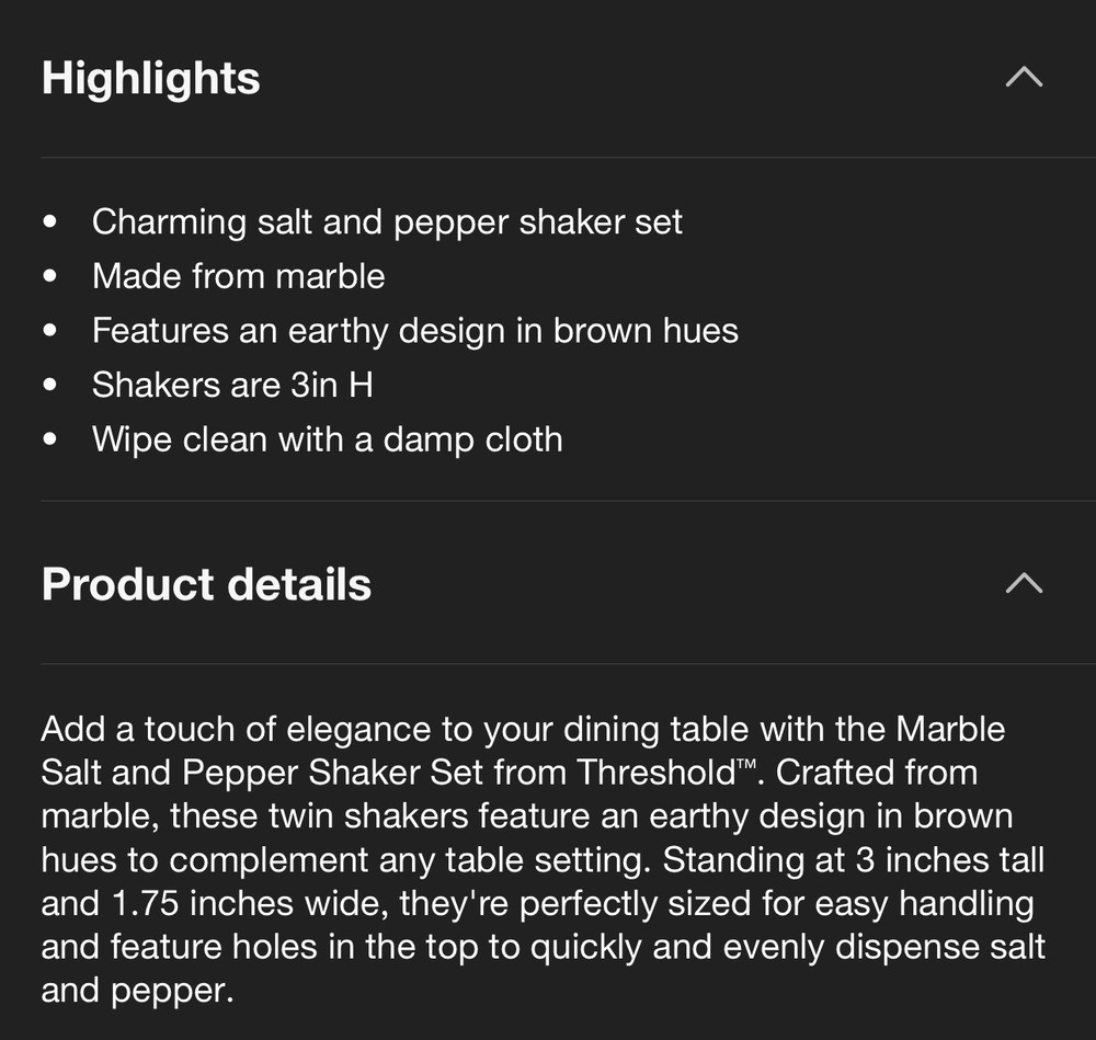 Salt & Pepper Shaker Set Is 2pc Heavy Marble Threshold