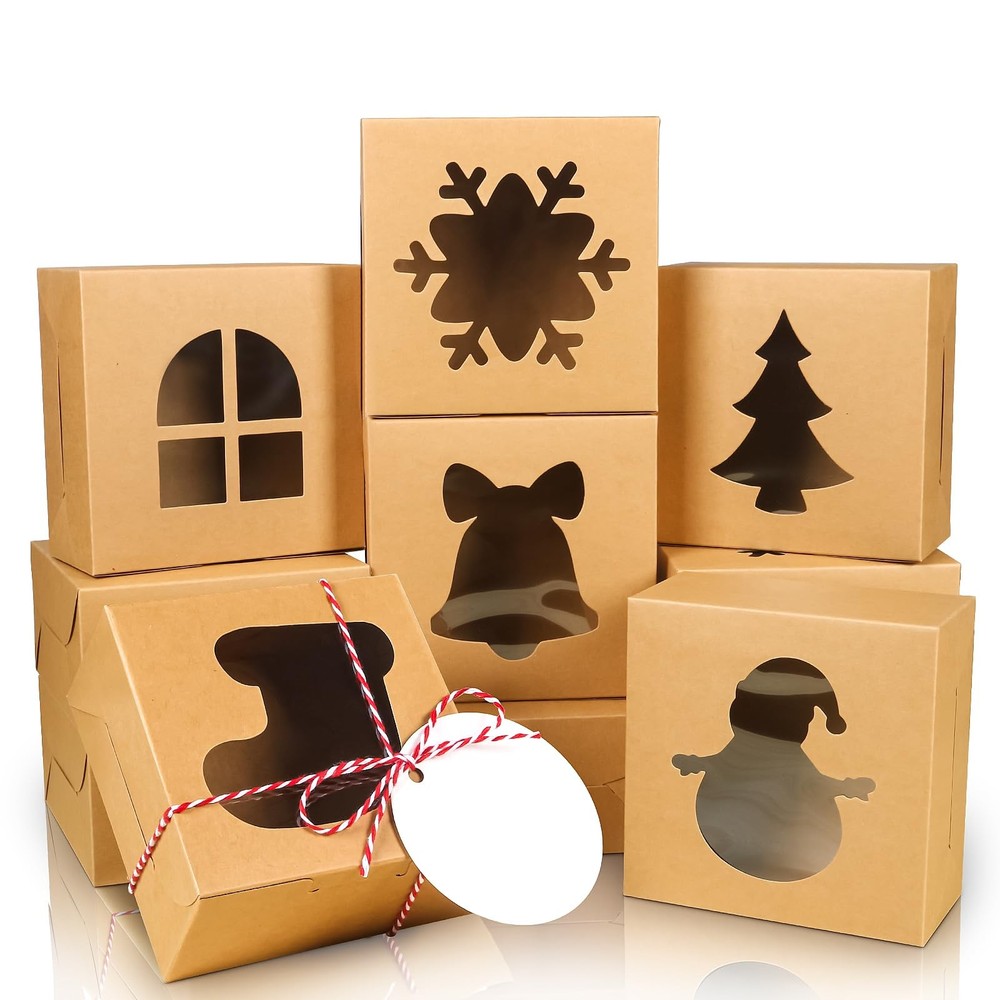 COTOPHER 30Pcs Christmas Cookie Boxes with Window, 4x4x2.5 inch -Brown -30pcs
