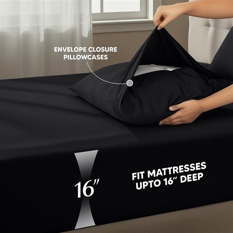 King Sheet Set – 4 Piece Bed Sheets, Soft and Breathable Microfiber (Black)