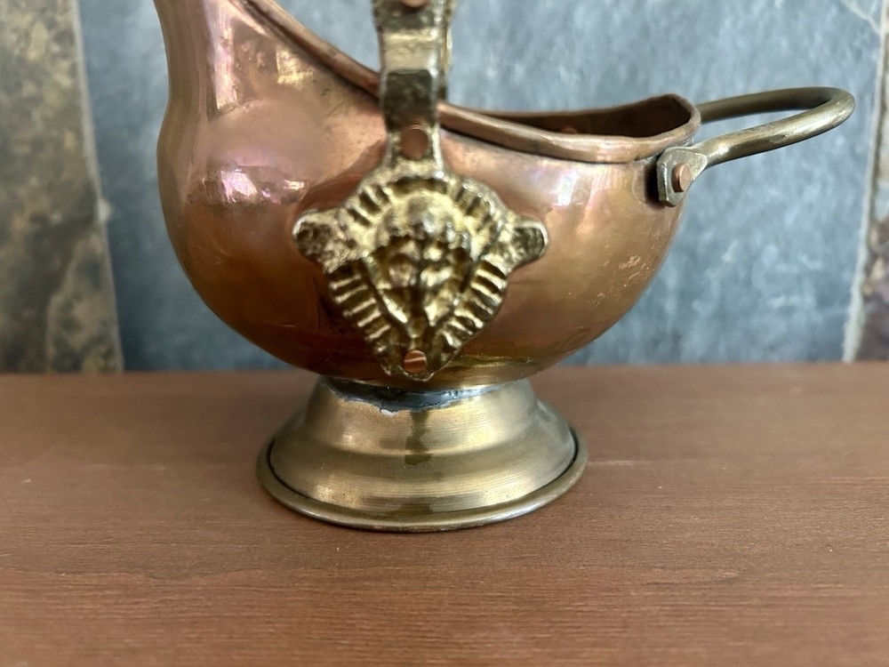 Copper & Brass Mini Coal Ash Scuttle 5" Match Holder Swing Handle Vintage