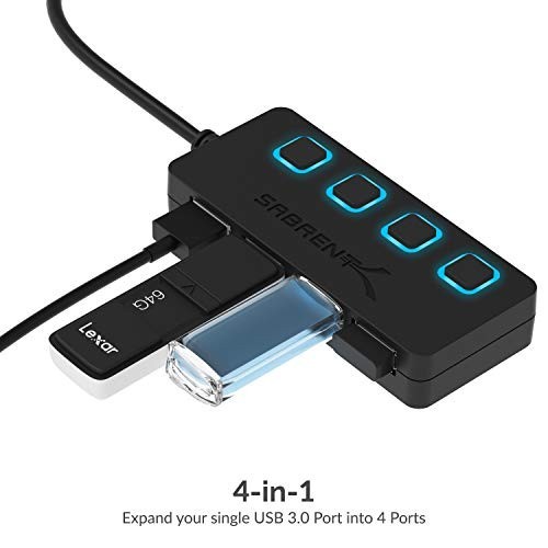 4 Port USB 3.0 Hub Individual Switch Slim Portable Fast Data Transfer 2Ft Cable