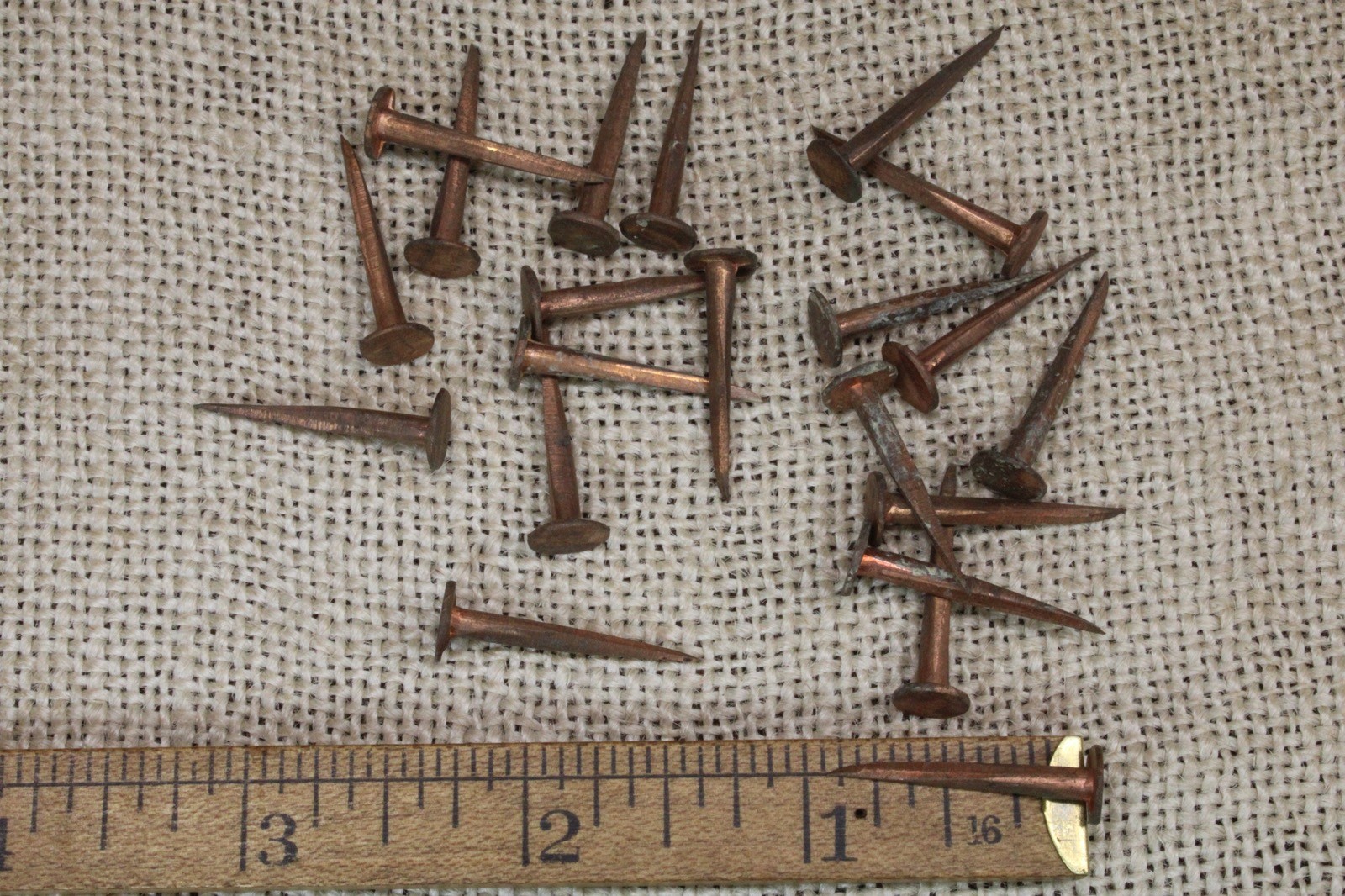 20 old COPPER TACKS 1” nails vintage sharp point 5/16” round flat head solid