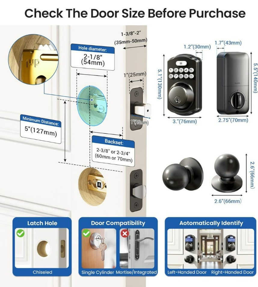 Veise Keyless Entry Door Lock 2 Knobs Backlit Keypad Deadbolt Open Box - Black