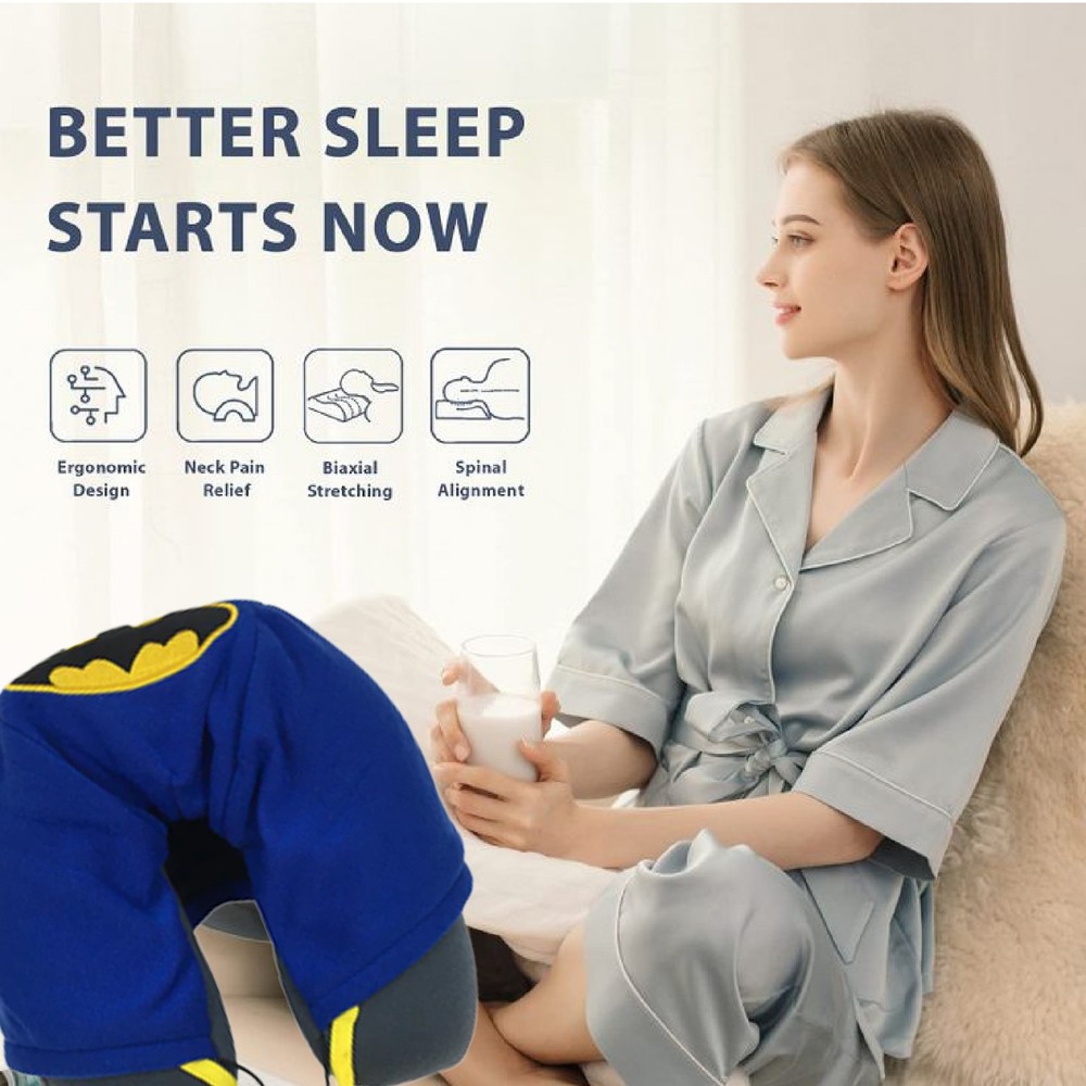 DC Batman U-Shaped Pillow with Ears, 360° Soft Head & Neck Support-Drawstr