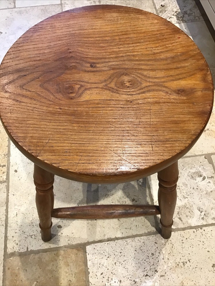 Antique Country Ash & Elm Stool Rustic Raw Solid Wood