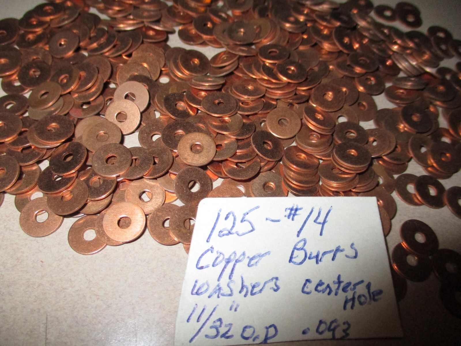 125  NEW-OLD-STOCK #14 COPPER BURRS, 11/32" WIDE & .093  CENTER HOLE, NAUTICAL