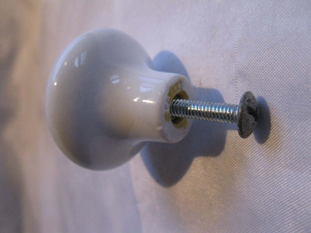 White Ceramic Drawer Pull Knob With Gray Grey Circle On Front With Screw