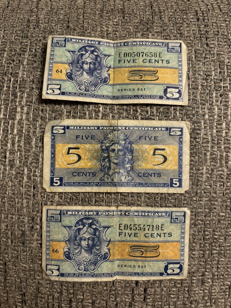 MPC 5 Cents Replacement Note Series 521 Low Serial -1st Printing -(3 Notes)