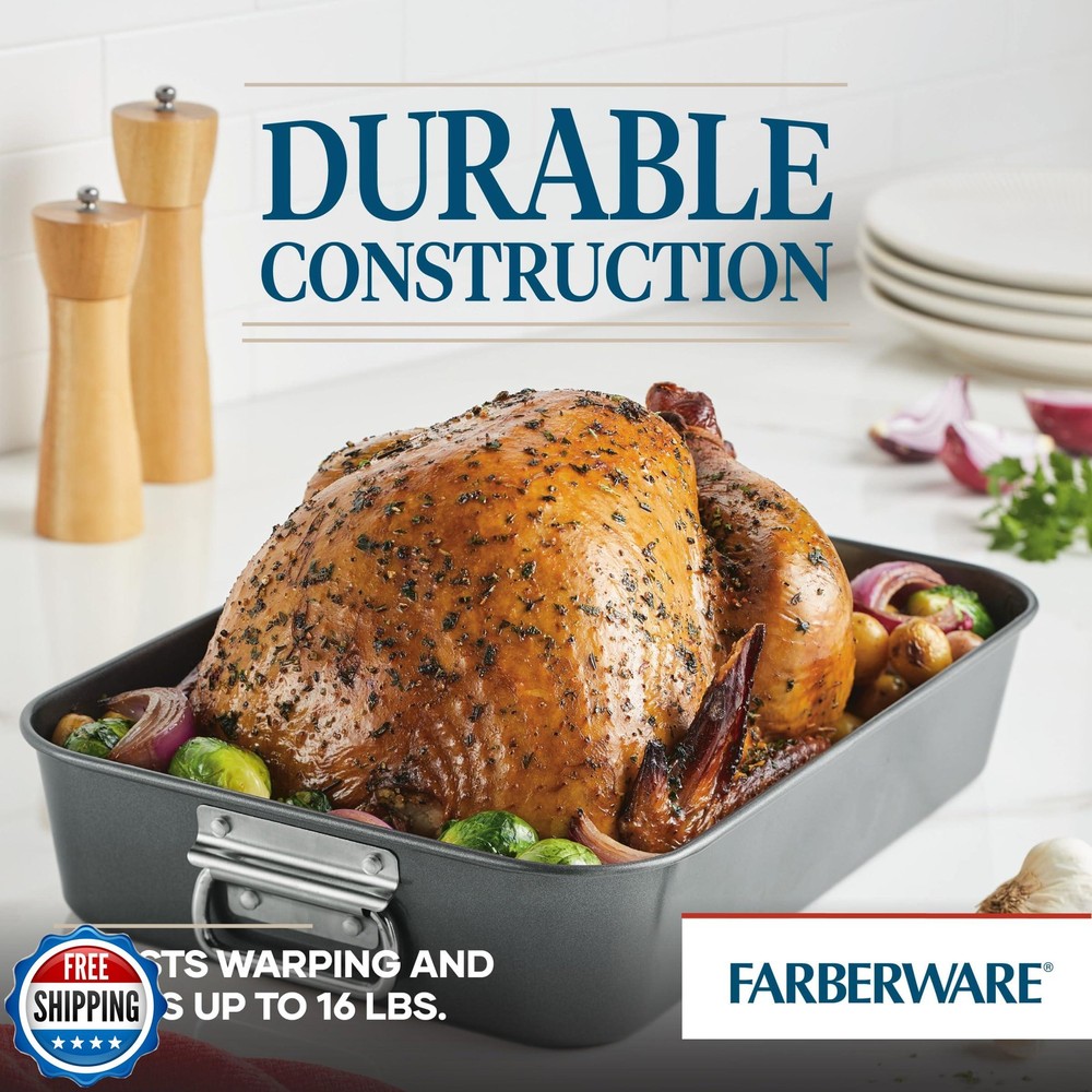 Farberware Bakeware Nonstick Steel Roaster with Flat Rack, 11-Inc