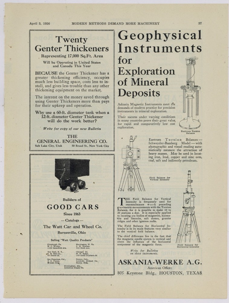 1926 Askania-Werke AG Ad: Geophysical Instruments Mining Exploration - Houston