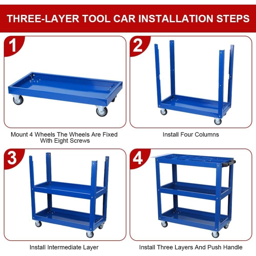 3 Tier Blue Rolling Mechanic Tool Cart on Wheels, 450 LBS Heavy Duty Steel