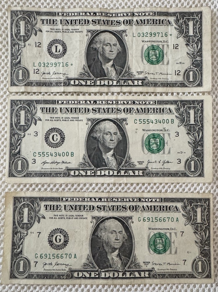 (3) 2017 $1 Error Misaligned/Miscut Notes, One is a Star Note, one w/ Fancy S/N!