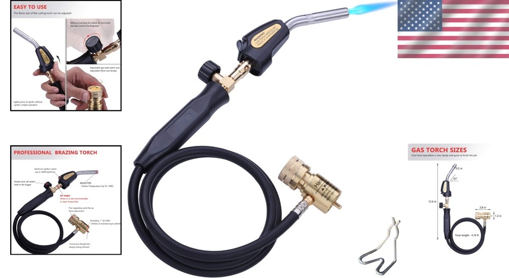 Lightweight Brass Welding Torch with Safety Hook - Quick Ignition & 60" Hose