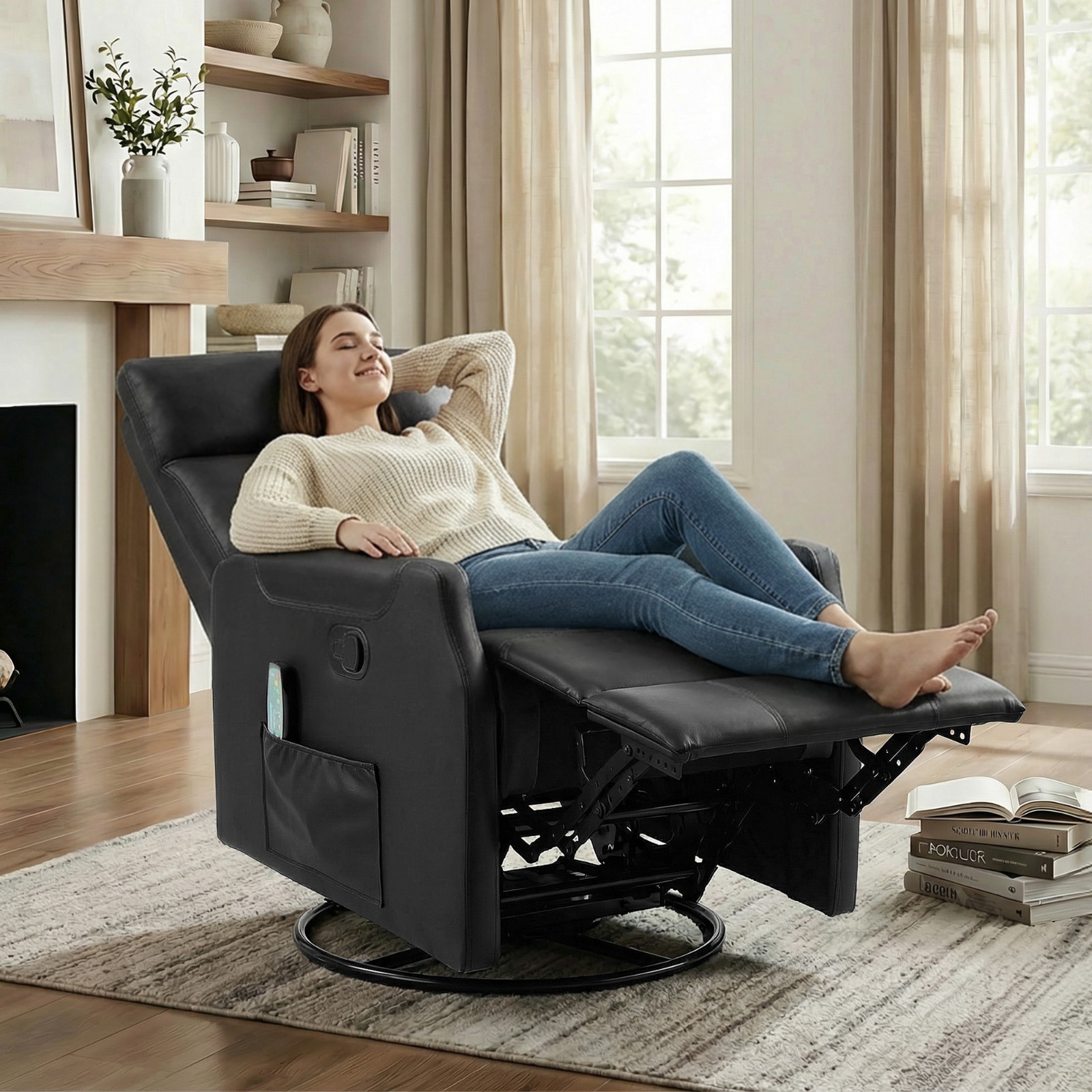 EBELLO Manual Swivel Recliner Chair with Massage & Heat, PU Leather Rocker Chair