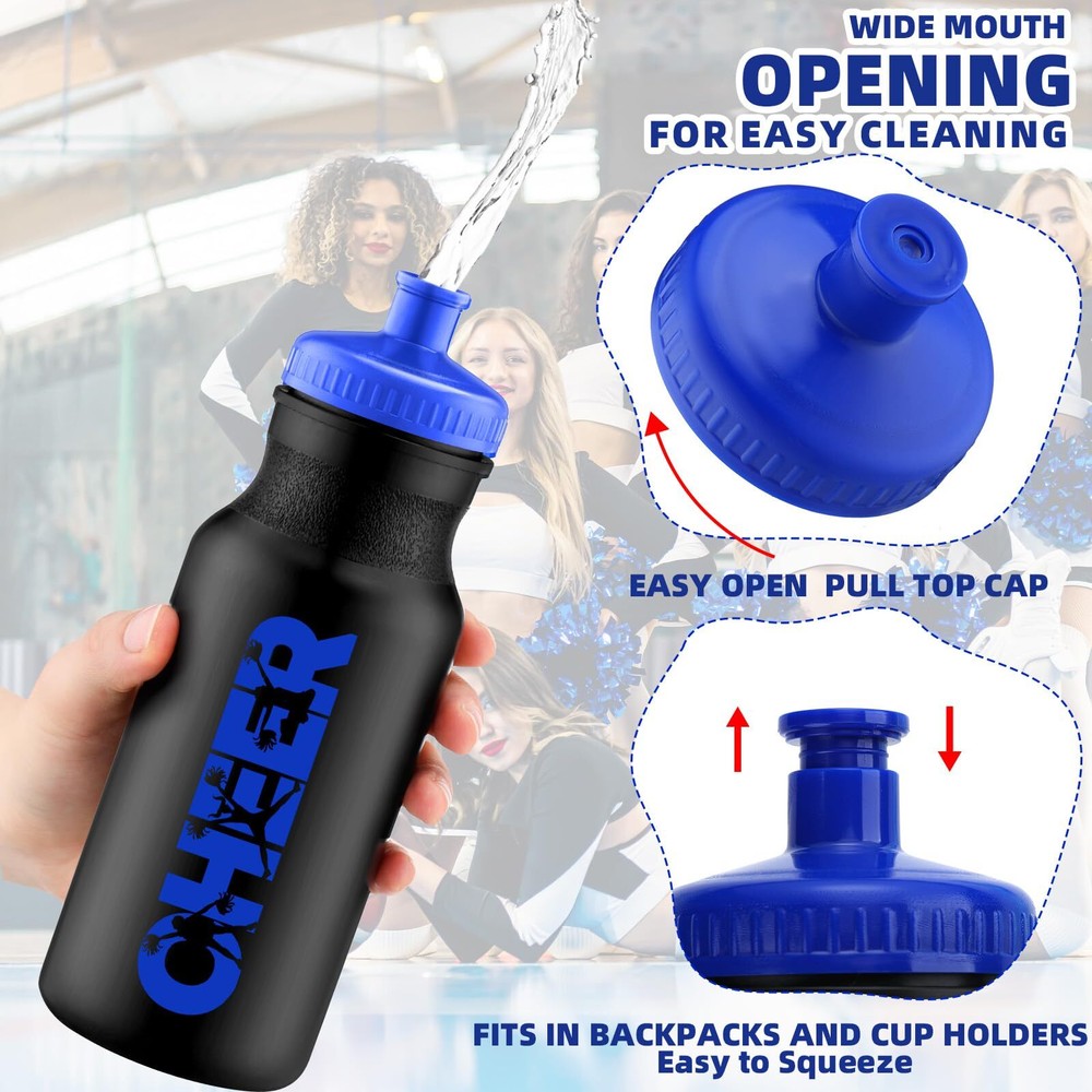 Cheerleading Water Bottles 20oz Reusable Plastic Squeeze with Pull Top 12 Pack