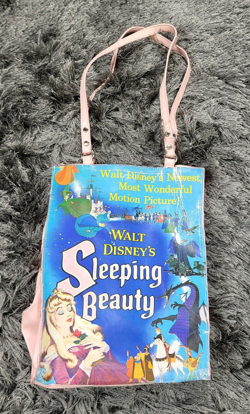 Vintage Walt Disney Sleeping Beauty Vinyl Tote Bag Blue Double Handle 9x12 Flaw