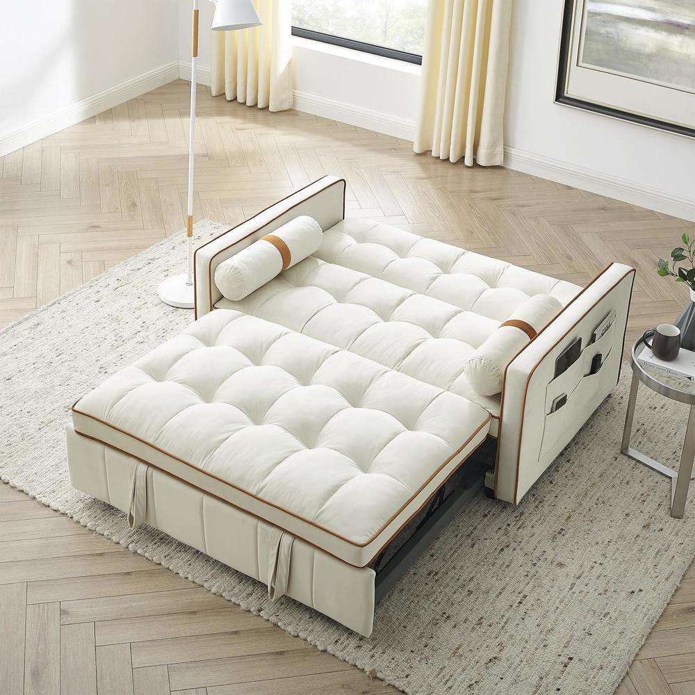 55.5" Pull Out Sleep Sofa Bed 2 Seater Adjsutable Backrest and Lumbar Pillows