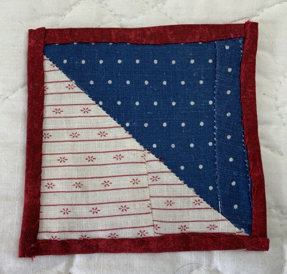 Vintage Antique Patchwork Quilt Table Topper, Mini, Triangles, Blue, White