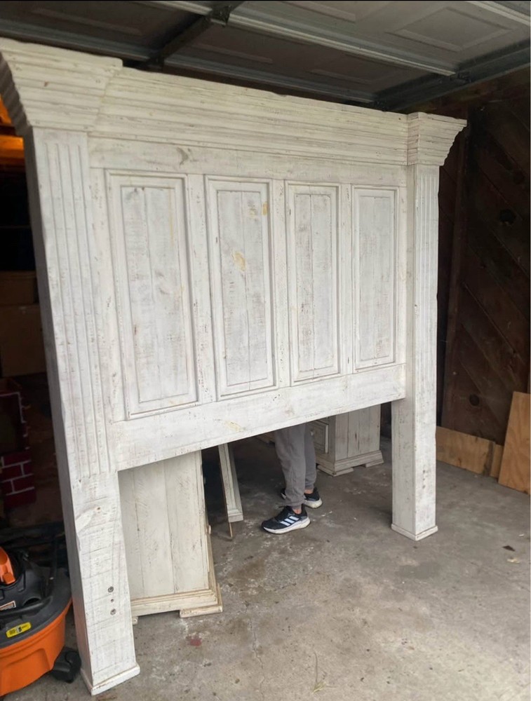 Queen Rustic White Bed Frame, Dresser W/Mirror