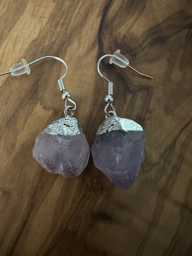 Raw AMETHYST Gemstone Crystal Dangle Silver Tone Hook Earrings