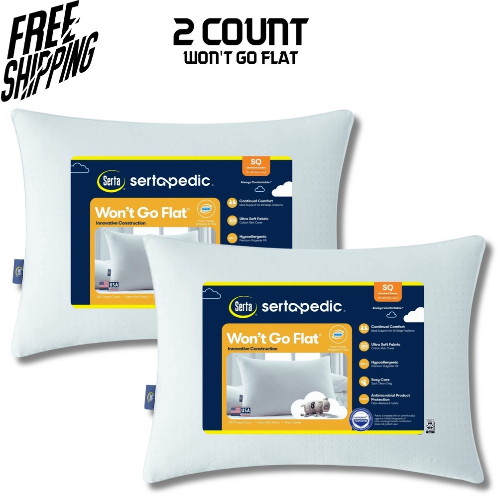 (2 pack) Sertapedic Won't Go Flat Bed Pillow, Standard/Queen