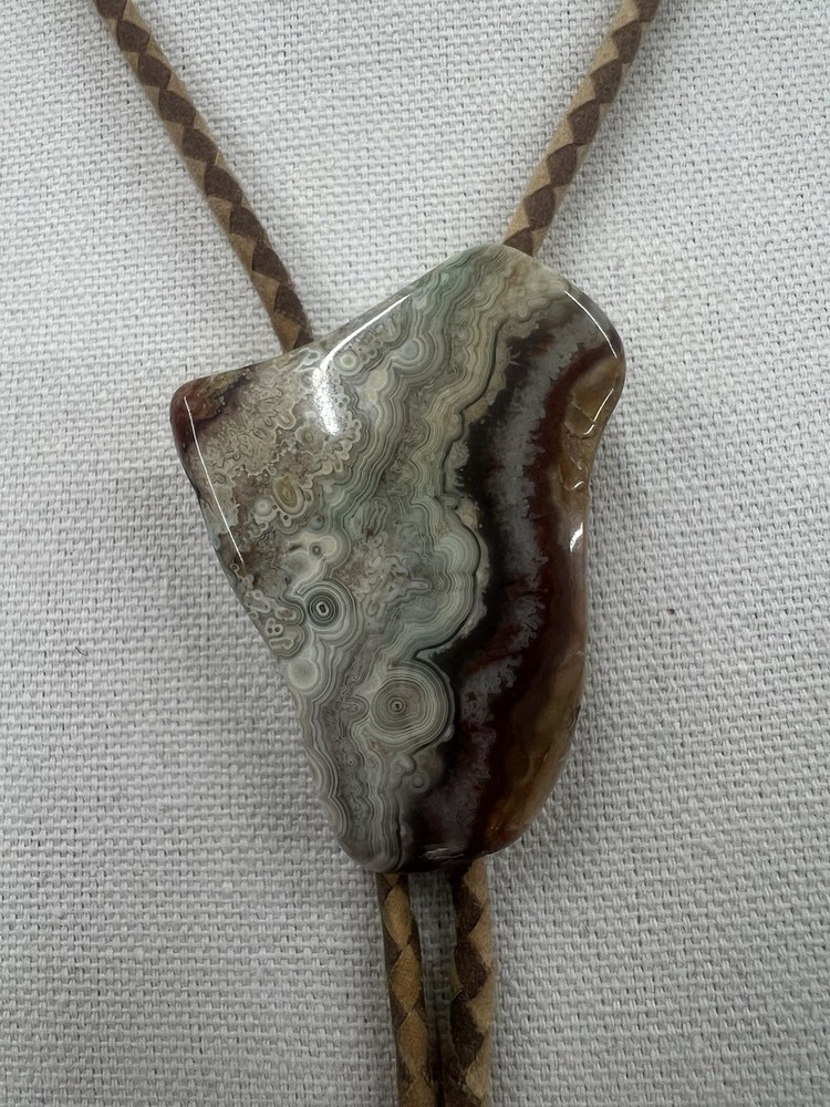 Polished Agate Bolo Tie Lariat Unsigned Braided Leather Western Accessory