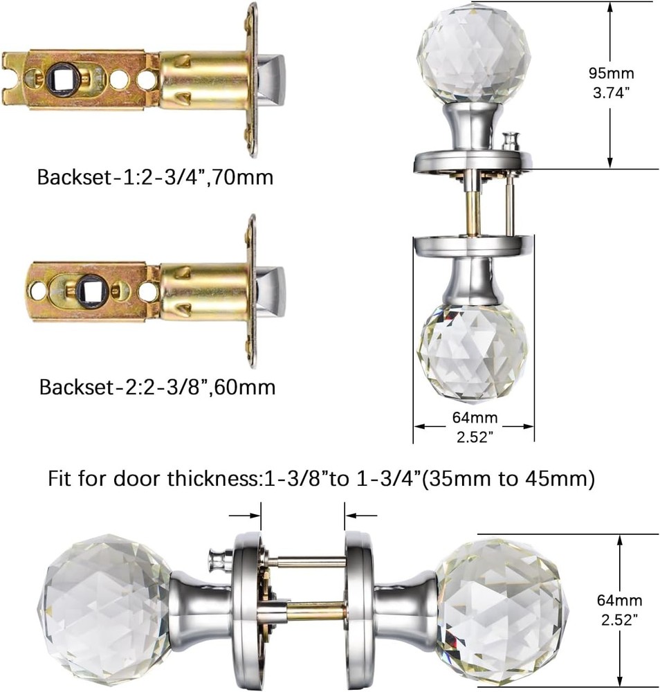 Crystal Glass Door Knobs Interior with Lock, Round .Privacy, Polished Chrome