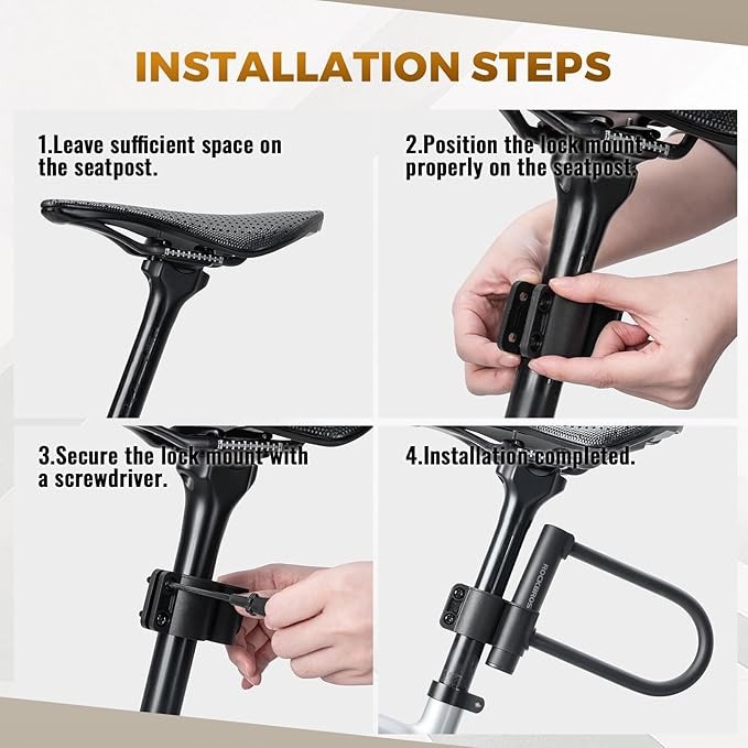 ROCKBROS Bike U Lock Anti Theft with 4 ft Cable Anti Theft with Keys & Bracket