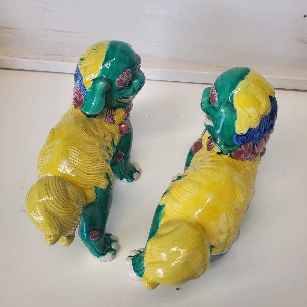 Multi- colored Porcelain Standing Chinese Foo Dog Set.