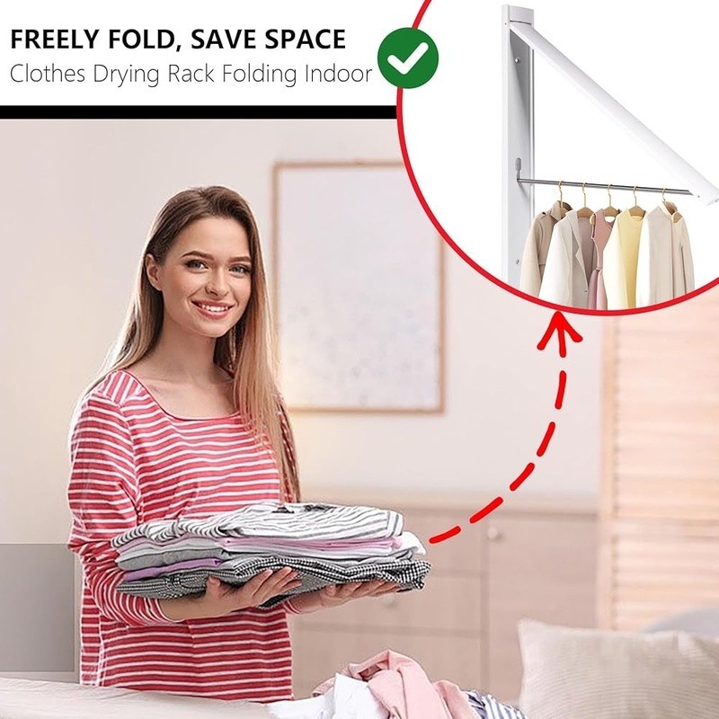 Retractable Clothes Rack Wall Mount Foldable Laundry Hanger Space Saving Storage