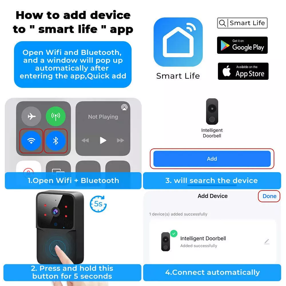 Smart Wireless WiFi Doorbell Intercom Video Camera Door Ring Bell Chime Security