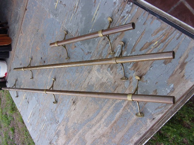 Vintage 1-1/2"OD Brass Bar Foot Rail heavy gauge 2 brass brackets 71" long