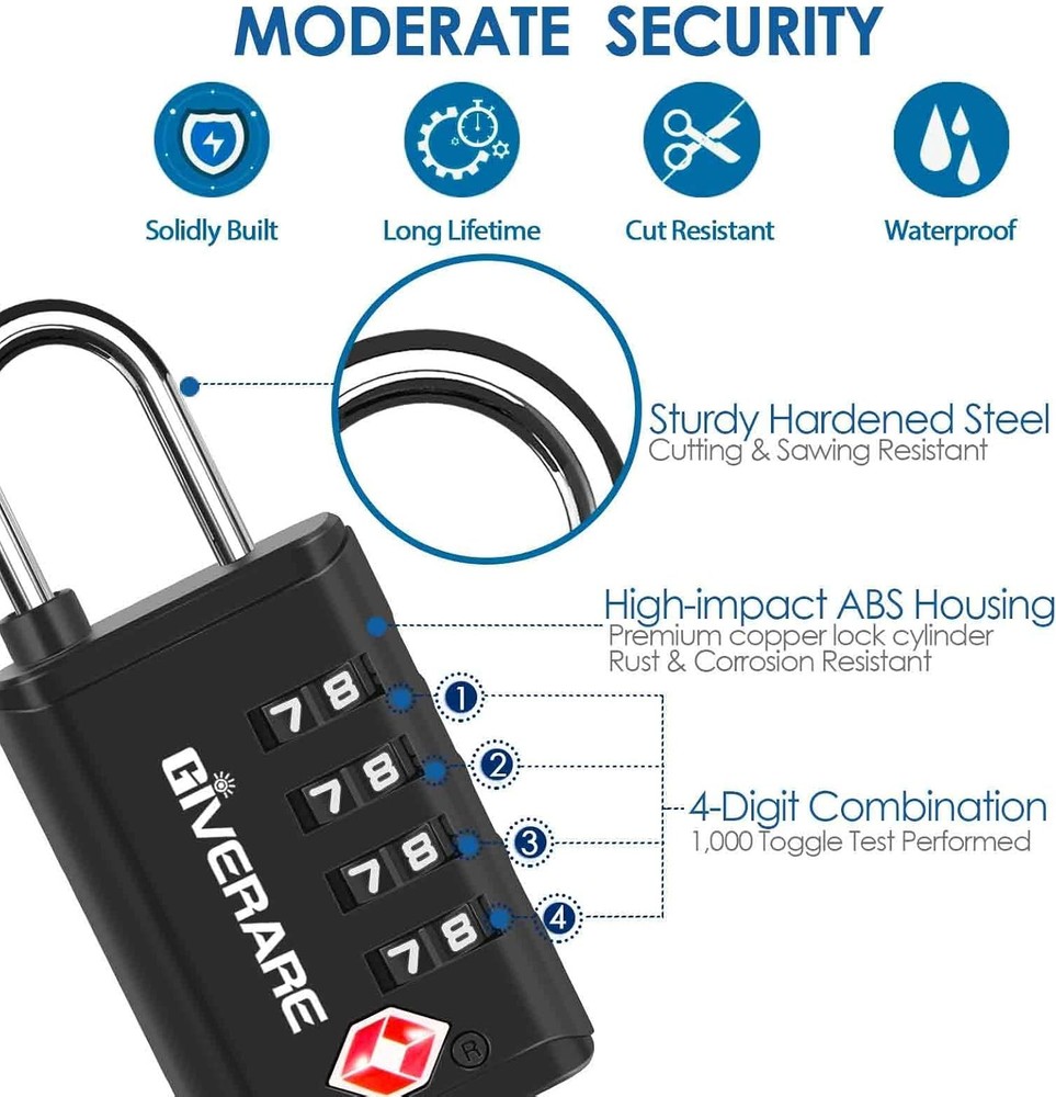 4-Pack TSA Approved Luggage Locks 4-Digit Combo, Open Alert Indicator, Black Set