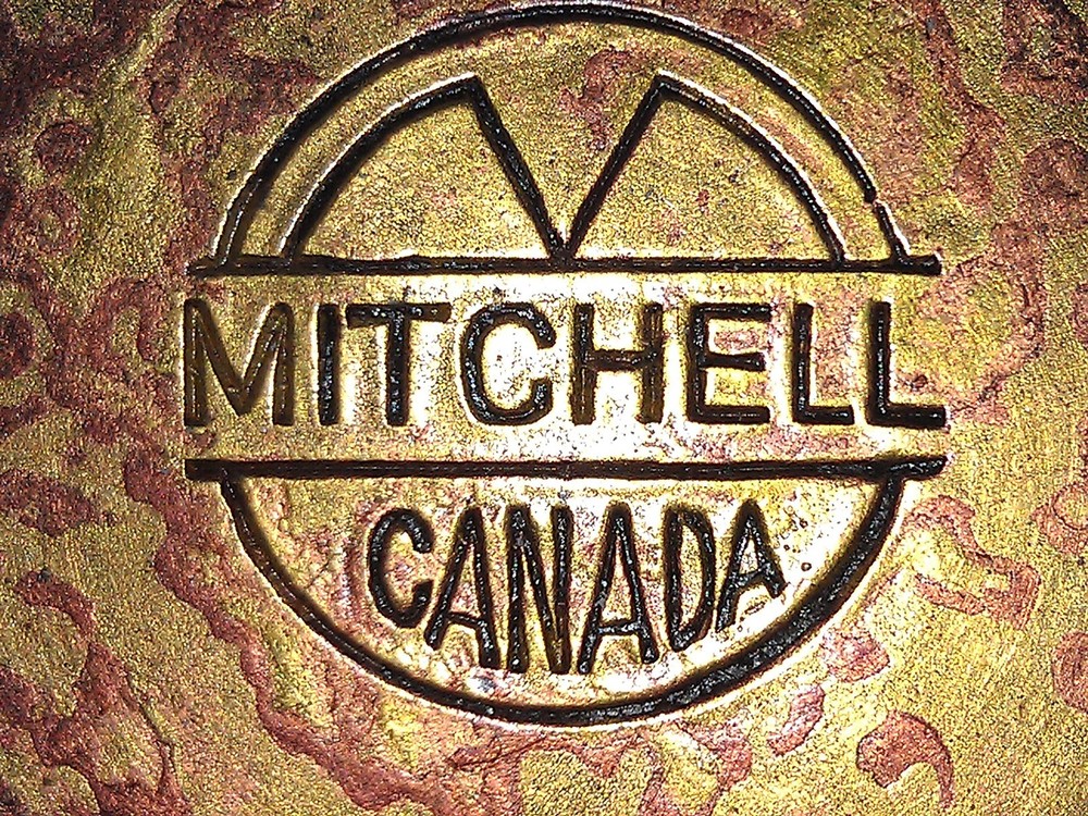 24ff61 BRASS FIRE STARTER SET: MITCHELL CANADA, ALL IS BRASS EXCEPT FOR STONE