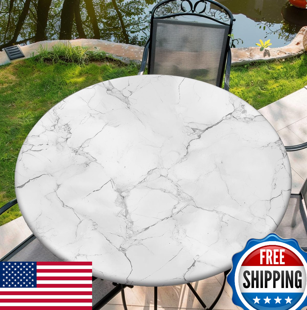 COTAIL Round Elastic Tablecloth, 36-60" Waterproof Table Cover, White Marble