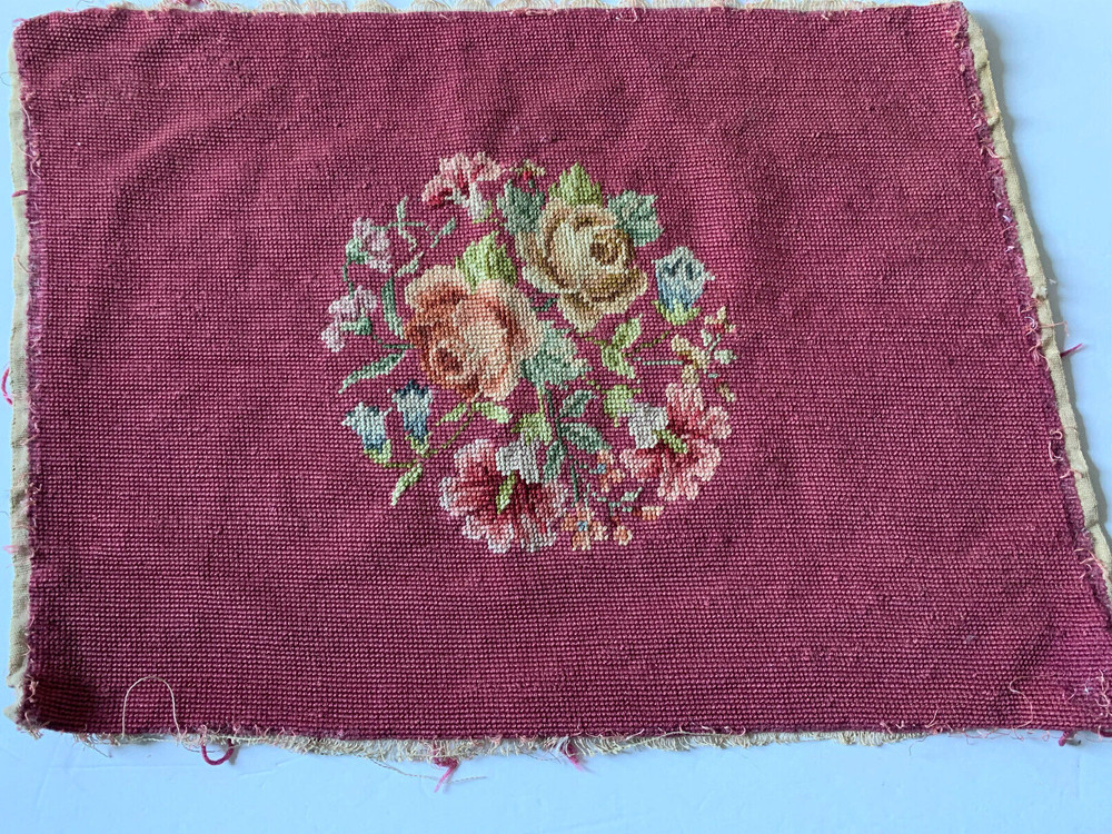 Needlepoint Floral Maroon Finished Needlework Vintage