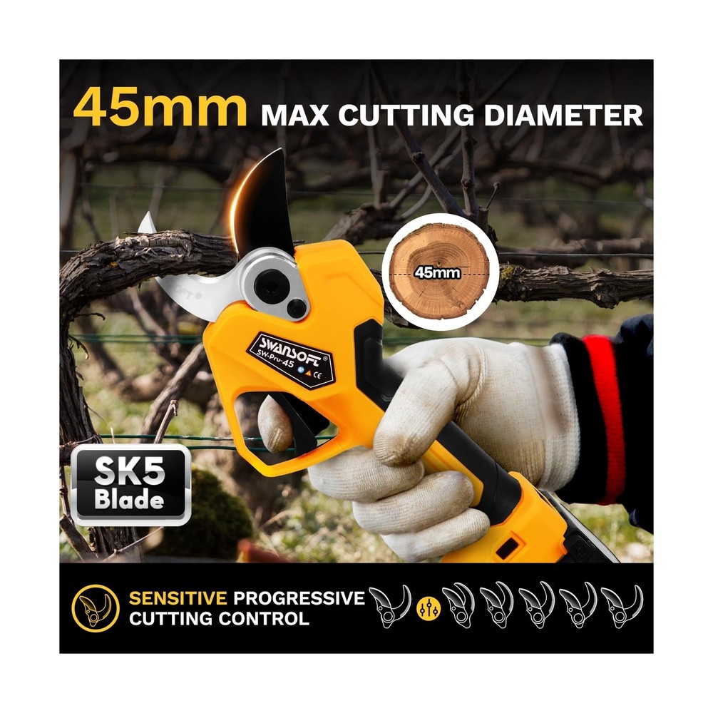 SWANSOFT Electric Pruning Shears, 45mm 1.77'' Cutting Diameter Cordless Elect...