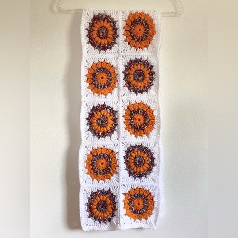 Crochet Table Runner White Orange & Multicolor Sunburst