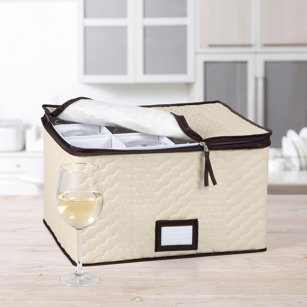 Elegant Stemware Storage Box - Quilted Microfiber, 12 Glass Capacity, Stackable