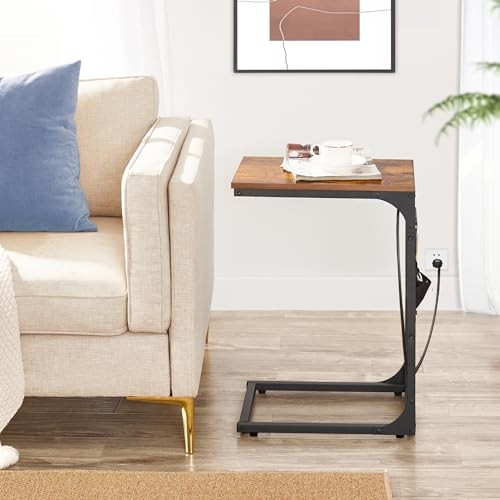 C Shaped End Table with Charging Station, Side Table for Sofa, Couch 2 Brown