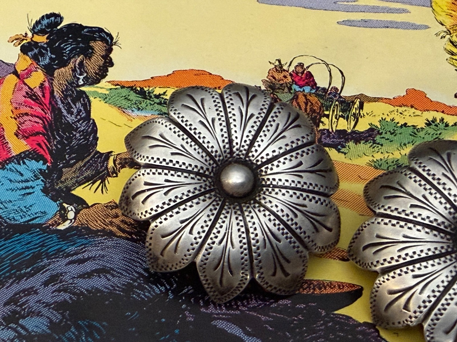 STUNNING Pair of Silver Engraved “Flower” Conchos - Spur Straps / Headstall