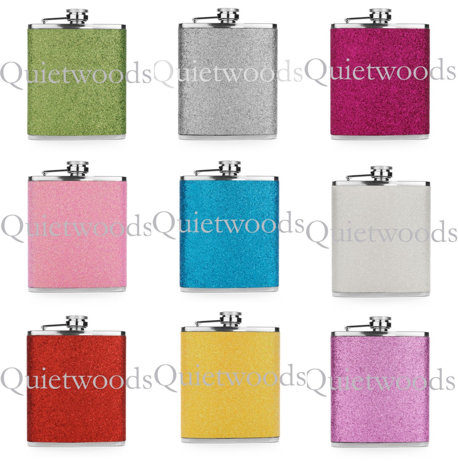GLITTER BLING HIP FLASK Stainless Steel Blue Green Pink Purple Red Silver Yellow