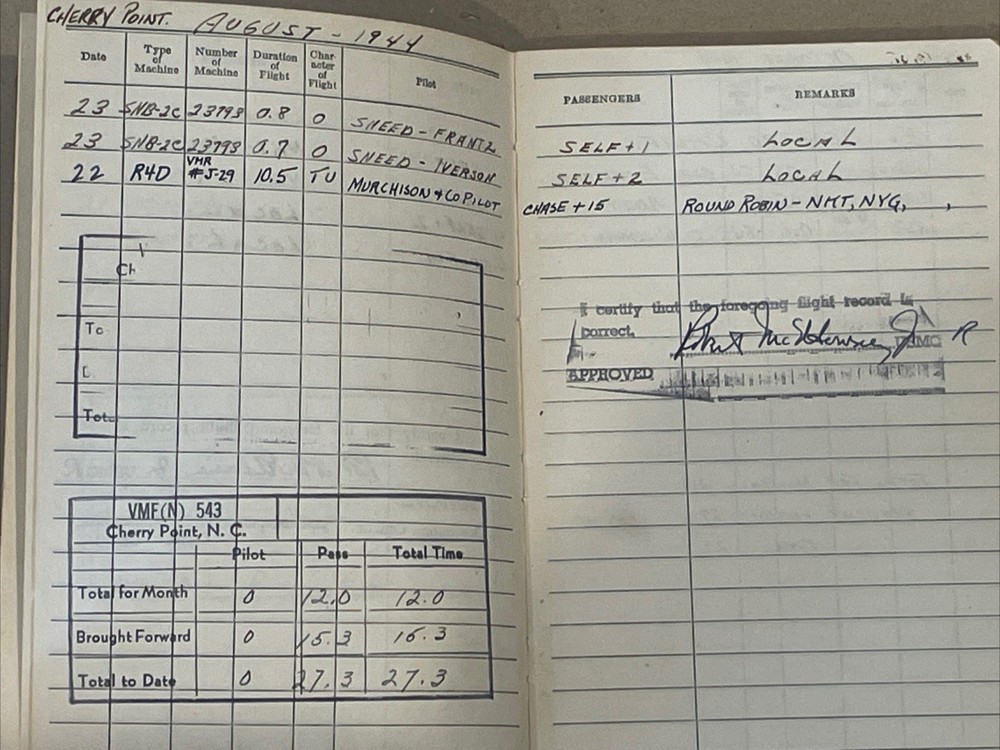 USMC Pilot flight log, late WW2