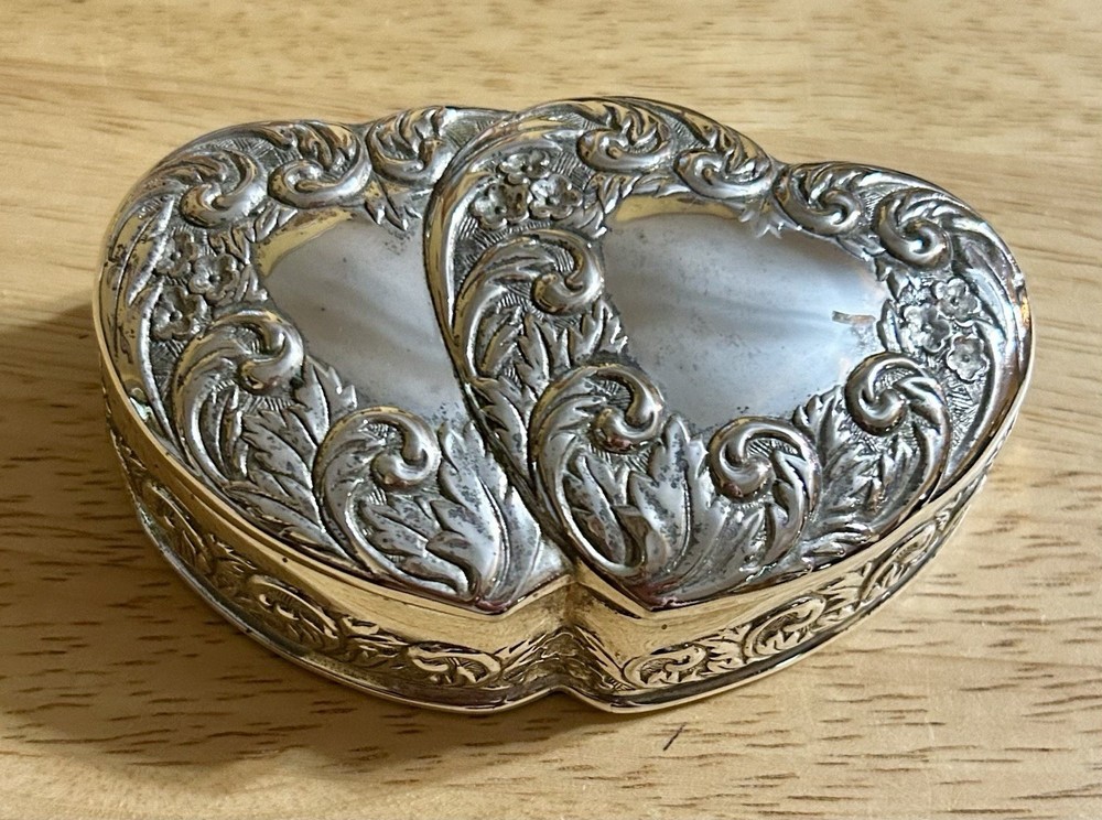 VINTAGE Godinger Double Heart Silver Plated Jewelry Trinket Box Velvet Lined