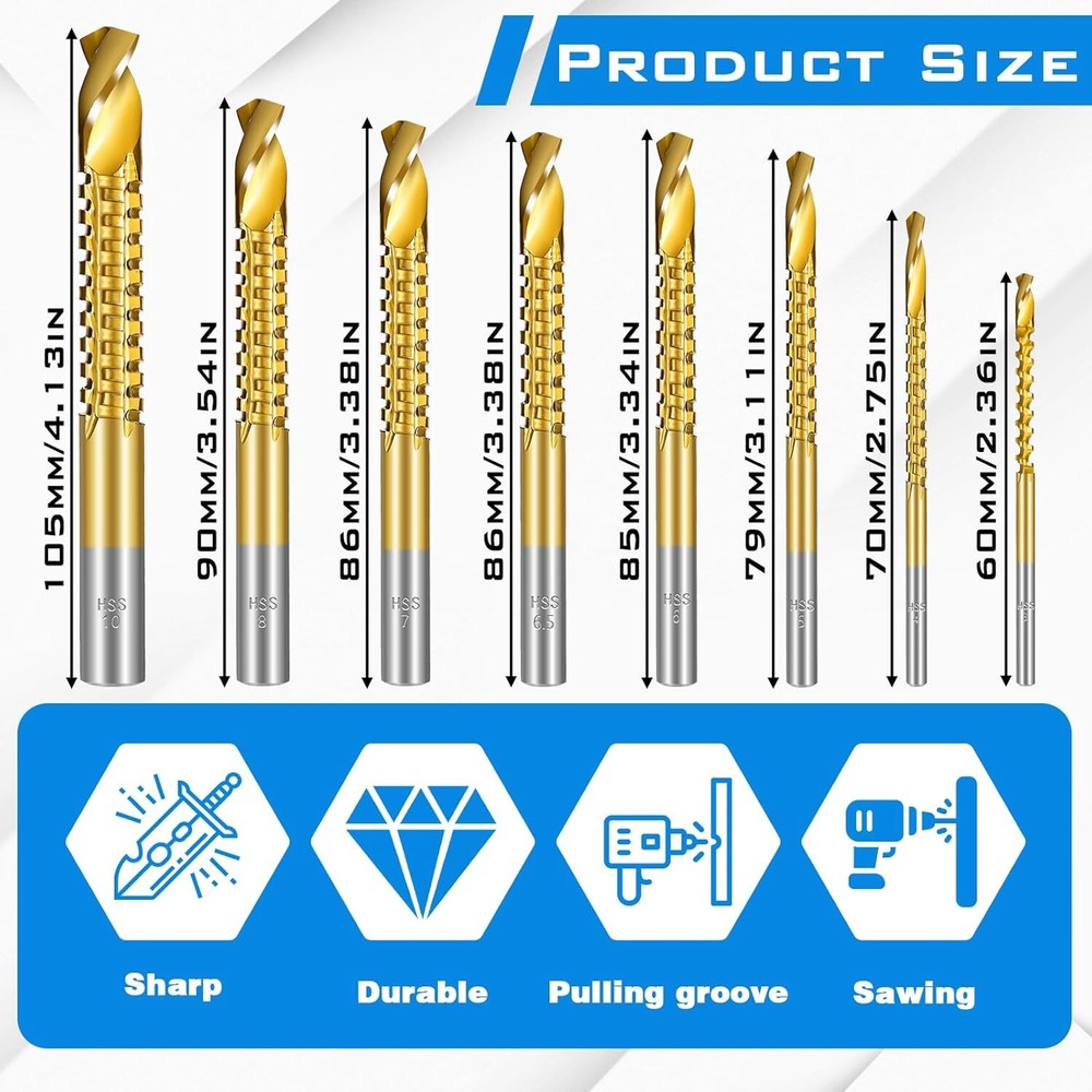8 Pack Titanium Coated HSS Twist Drill Bits, 3-10mm Serrated Side Cutting Dri...