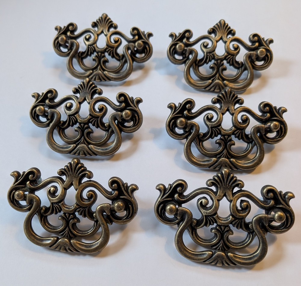 6 VTG BRASS 4" DROP BAIL DRAWER PULLS 1995 WITH ⅝" SCREWS